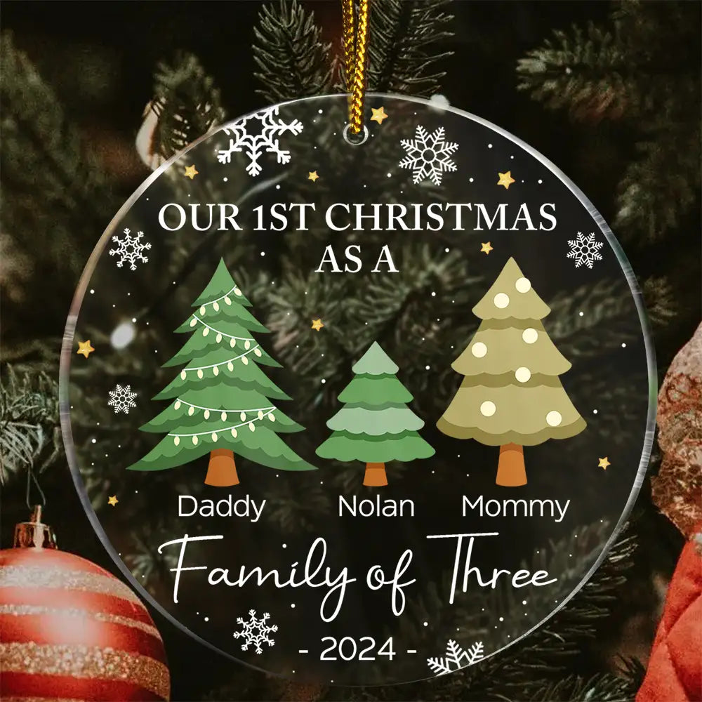 First Christmas As A Family Of Three - Personalized Circle Acrylic Ornament