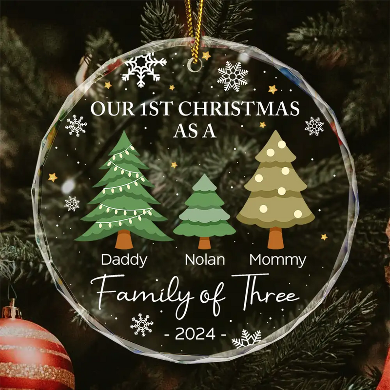 First Christmas As A Family Of Three - Personalized Circle Glass Ornament