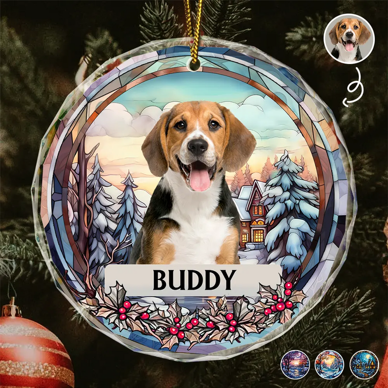Décoration de Noël personnalisée avec photo commémorative pour chien et chat - Décoration circulaire en verre personnalisée 