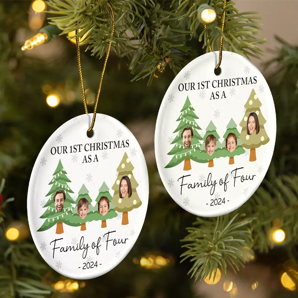 Custom Photo First Christmas As A Family Of Three - Personalized Circle Ceramic Ornament