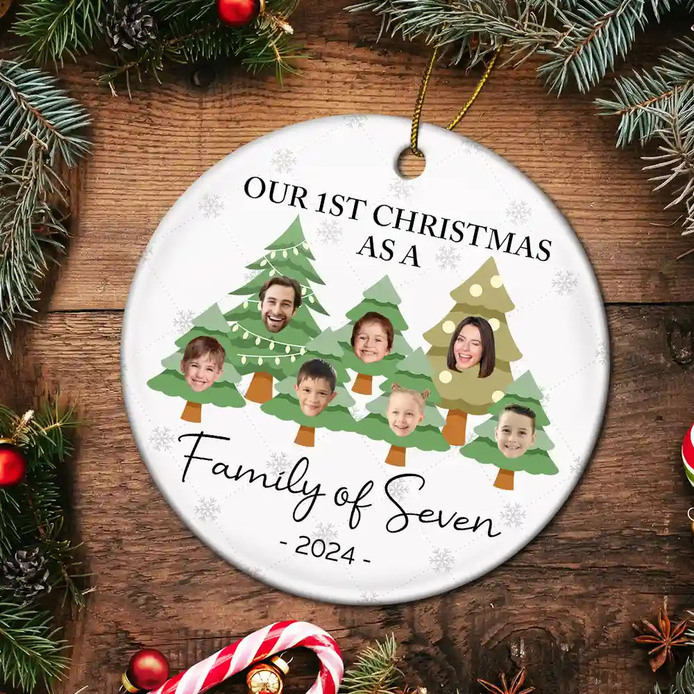 Custom Photo First Christmas As A Family Of Three - Personalized Circle Ceramic Ornament