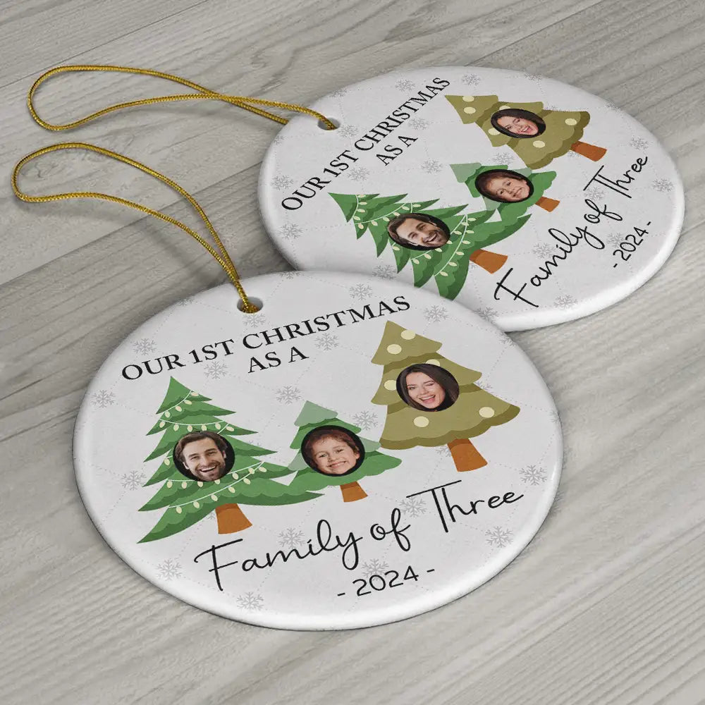 Custom Photo First Christmas As A Family Of Three - Personalized Circle Ceramic Ornament