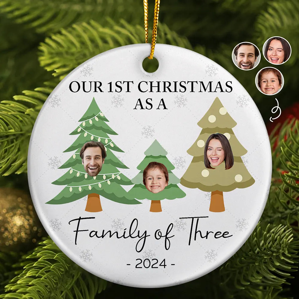 Custom Photo First Christmas As A Family Of Three - Personalized Circle Ceramic Ornament