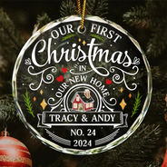 First Christmas In New Home Couples Family - Personalized Circle Glass Ornament