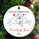 First Christmas As A Family Of Three Hand Heart - Personalized Circle Ceramic Ornament