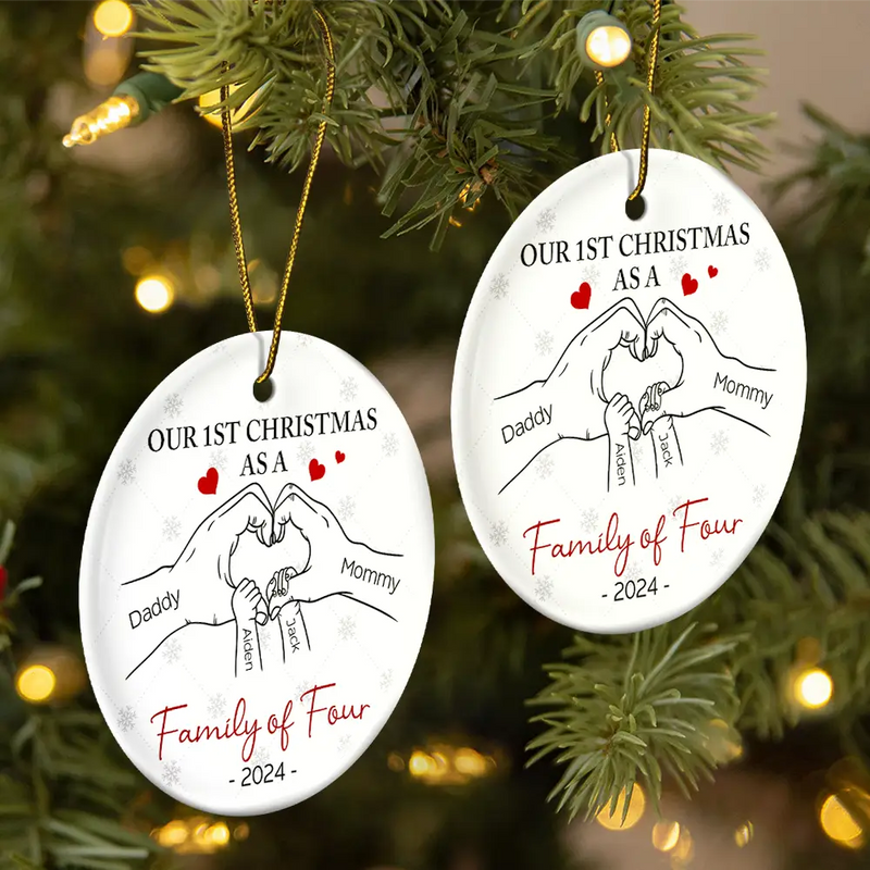 First Christmas As A Family Of Three Hand Heart - Personalized Circle Ceramic Ornament