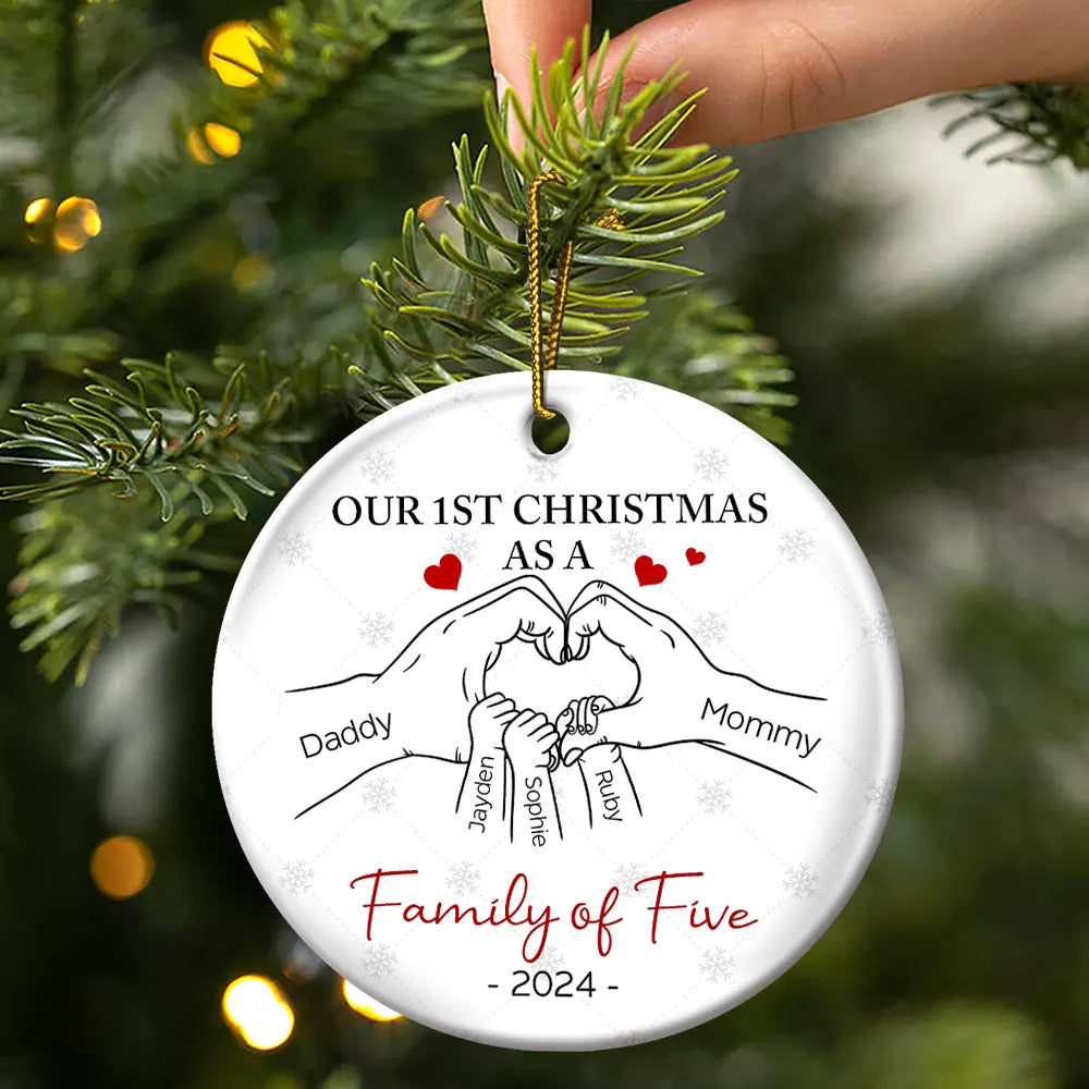 First Christmas As A Family Of Three Hand Heart - Personalized Circle Ceramic Ornament