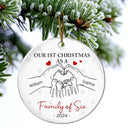 First Christmas As A Family Of Three Hand Heart - Personalized Circle Ceramic Ornament