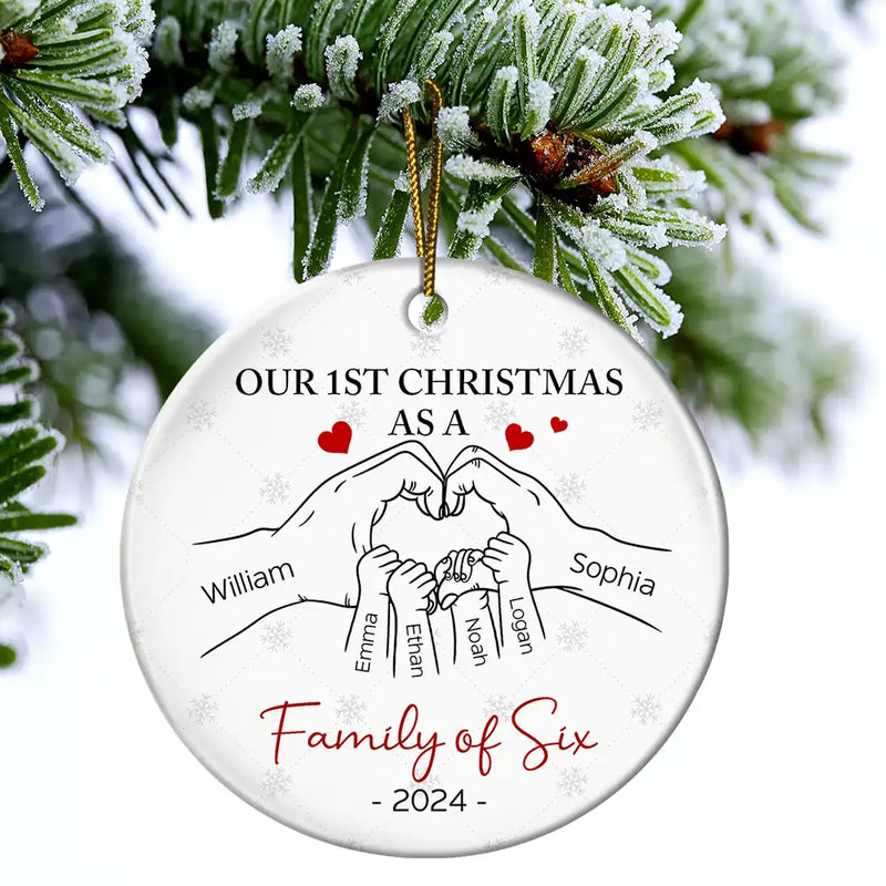 First Christmas As A Family Of Three Hand Heart - Personalized Circle Ceramic Ornament