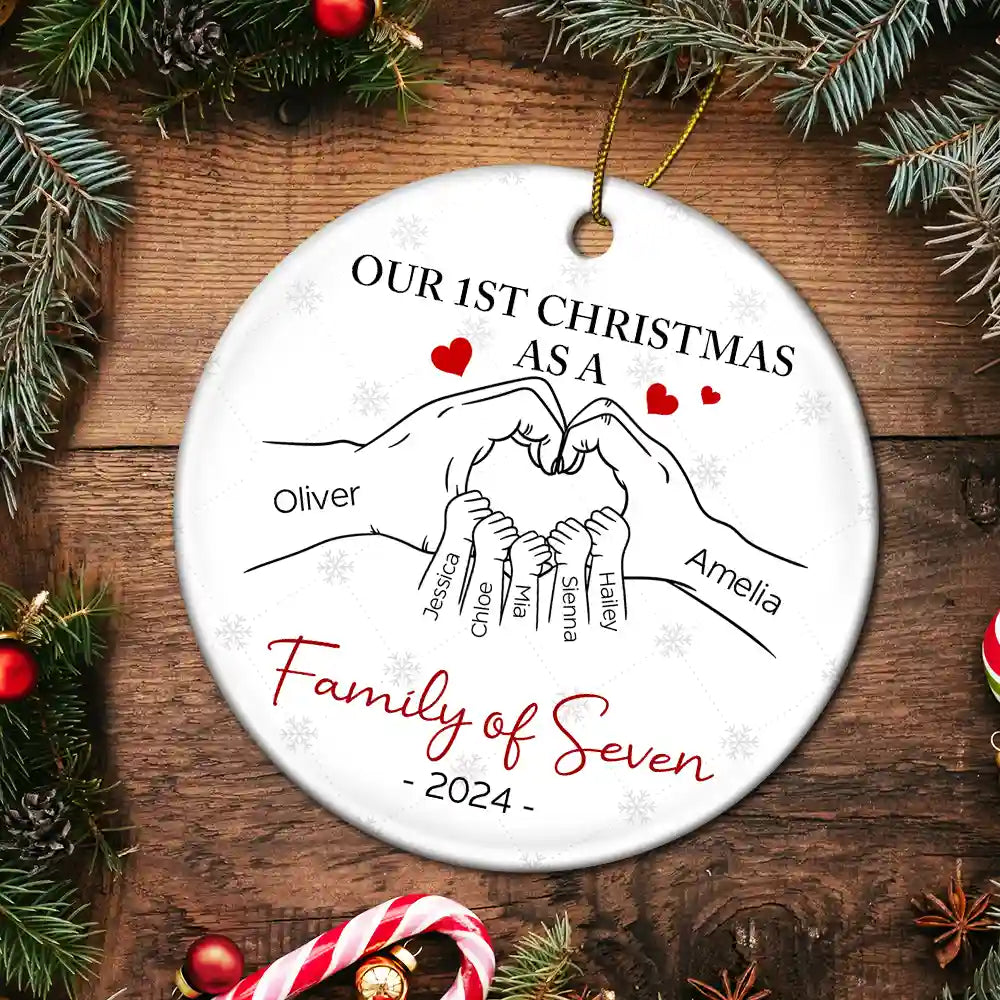 First Christmas As A Family Of Three Hand Heart - Personalized Circle Ceramic Ornament