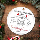 First Christmas As A Family Of Three Hand Heart - Personalized Circle Ceramic Ornament