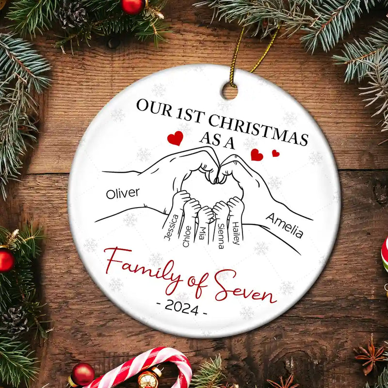 First Christmas As A Family Of Three Hand Heart - Personalized Circle Ceramic Ornament
