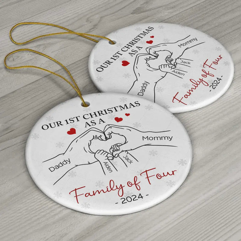 First Christmas As A Family Of Three Hand Heart - Personalized Circle Ceramic Ornament