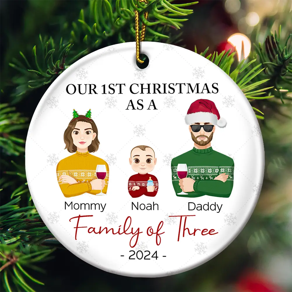 First Christmas As A Family Of Three Flat Art - Personalized Circle Ceramic Ornament