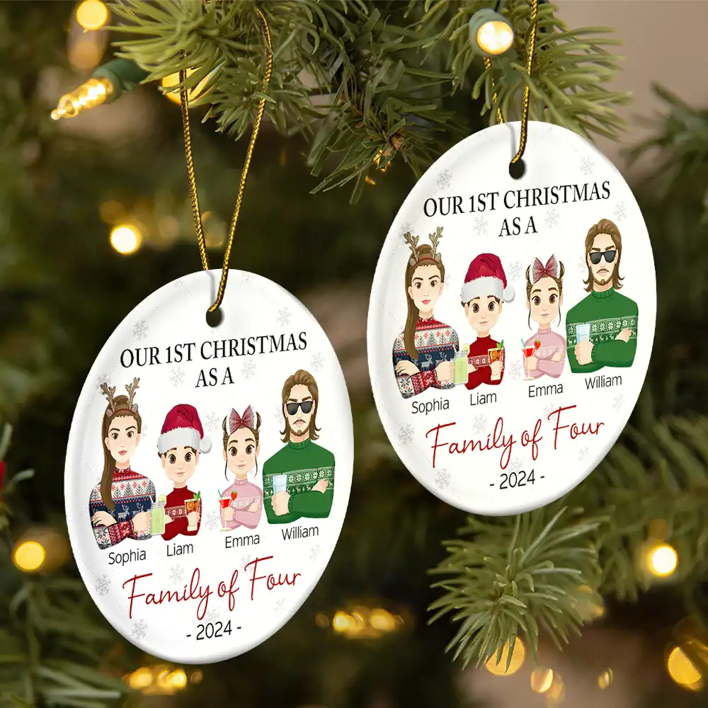 First Christmas As A Family Of Three Flat Art - Personalized Circle Ceramic Ornament