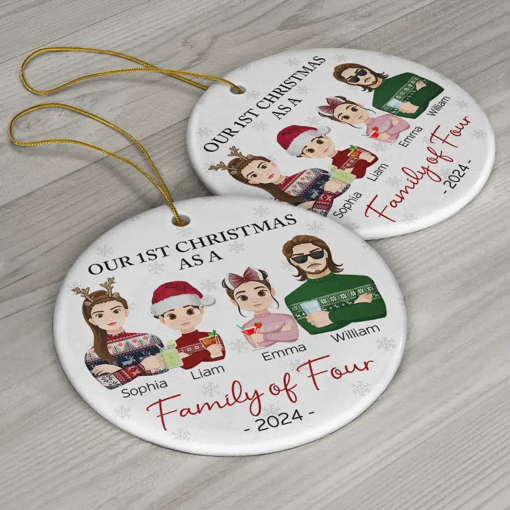 First Christmas As A Family Of Three Flat Art - Personalized Circle Ceramic Ornament