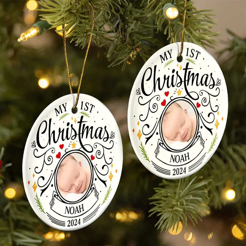 Custom Photo Baby First Christmas Parents - Personalized Circle Ceramic Ornament