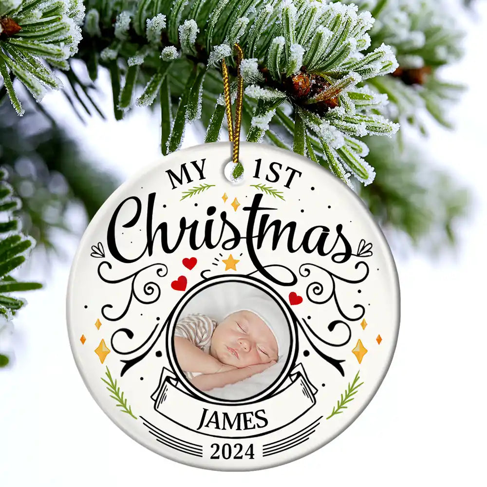 Custom Photo Baby First Christmas Parents - Personalized Circle Ceramic Ornament