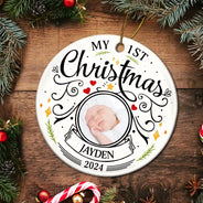 Custom Photo Baby First Christmas Parents - Personalized Circle Ceramic Ornament