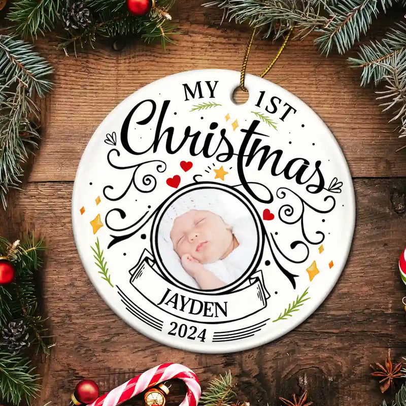 Custom Photo Baby First Christmas Parents - Personalized Circle Ceramic Ornament