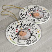 Custom Photo Baby First Christmas Parents - Personalized Circle Ceramic Ornament