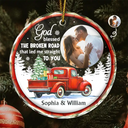 Custom Photo God Blessed The Broken Road Couple - Personalized Circle Glass Ornament