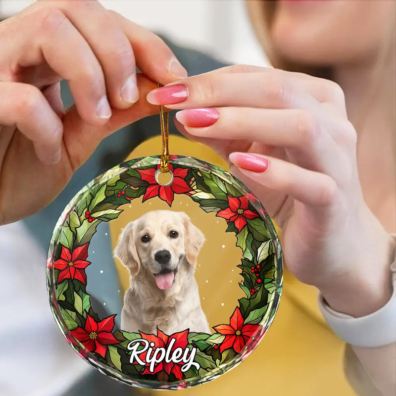 Custom Photo Pet Face Christmas Wreath Dog Cat Pet Memorial - Personalized Circle Glass Ornament