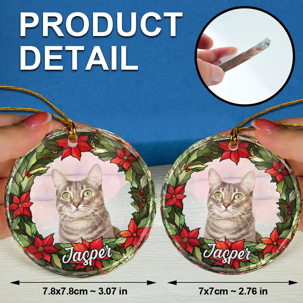 Custom Photo Pet Face Christmas Wreath Dog Cat Pet Memorial - Personalized Circle Glass Ornament