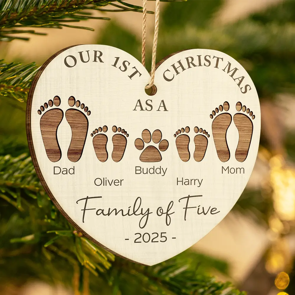 First Christmas As A Family Of Four Footprints - Personalized Custom Shaped Wooden Ornament