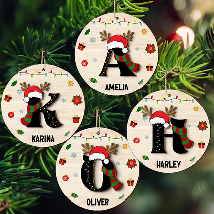 Nom Monogramme Famille de Noël - Décoration en bois personnalisée à 2 couches 