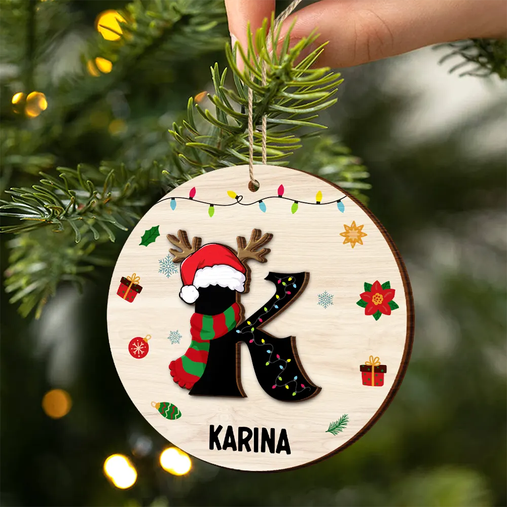 Nom Monogramme Famille de Noël - Décoration en bois personnalisée à 2 couches 