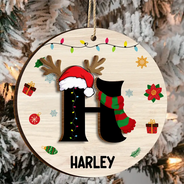 Nom Monogramme Famille de Noël - Décoration en bois personnalisée à 2 couches 