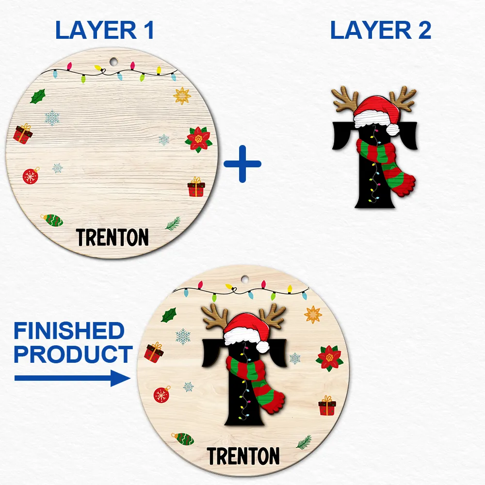 Nom Monogramme Famille de Noël - Décoration en bois personnalisée à 2 couches 