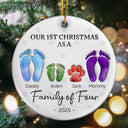 First Christmas As A Family Of Four Footprints - 3D Inflated Effect Printed Ornament, Personalized Circle Ceramic Ornament