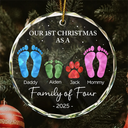First Christmas As A Family Of Four Footprints - Personalized Circle Glass Ornament