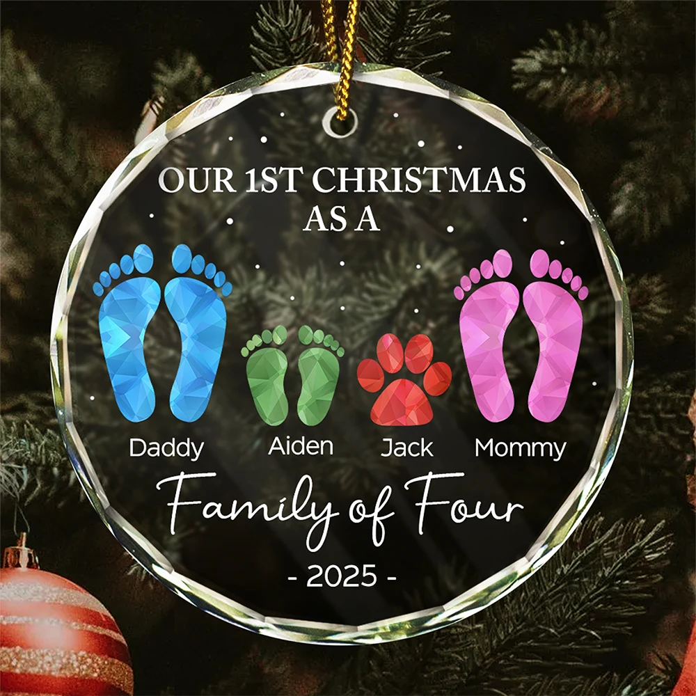 First Christmas As A Family Of Four Footprints - Personalized Circle Glass Ornament
