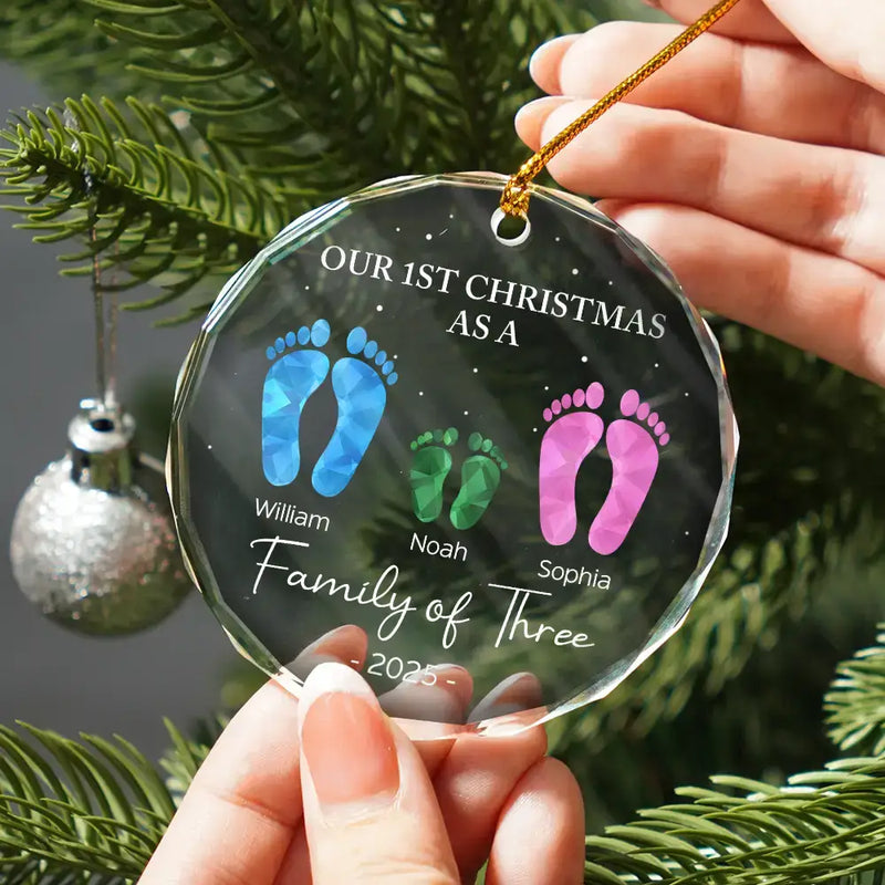 First Christmas As A Family Of Four Footprints - Personalized Circle Glass Ornament