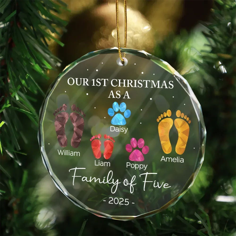 First Christmas As A Family Of Four Footprints - Personalized Circle Glass Ornament