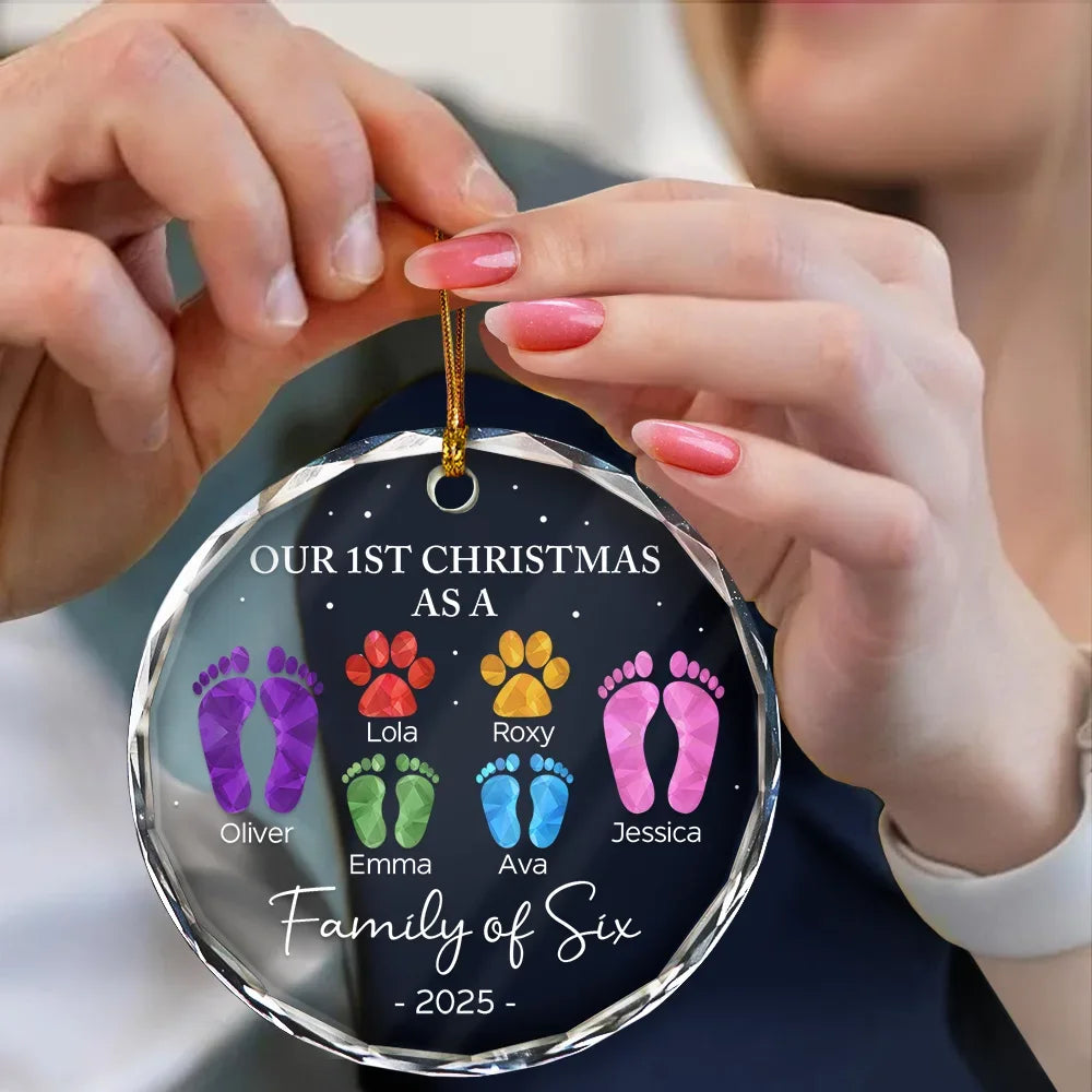 First Christmas As A Family Of Four Footprints - Personalized Circle Glass Ornament