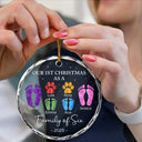 First Christmas As A Family Of Four Footprints - Personalized Circle Glass Ornament