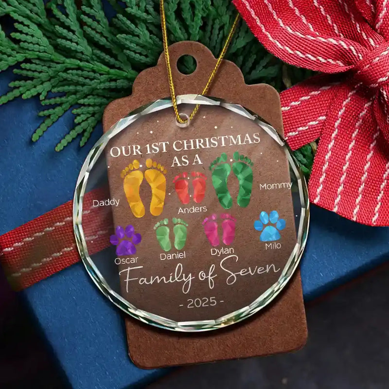 First Christmas As A Family Of Four Footprints - Personalized Circle Glass Ornament