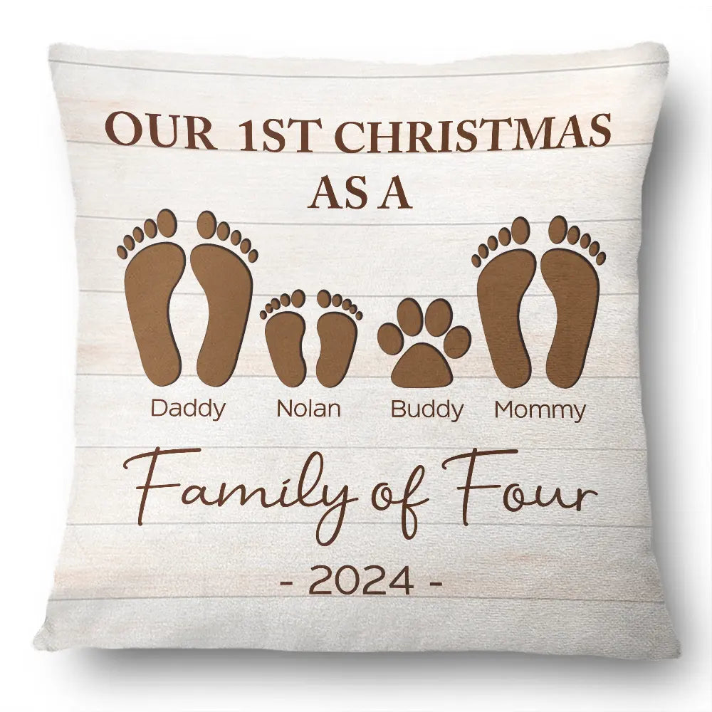 First Christmas As A Family Of Four Footprints - Personalized Pillow