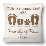 Family, Parents, Pet Lovers - First Christmas As A Family Of Four Footprints - Personalized Pillow