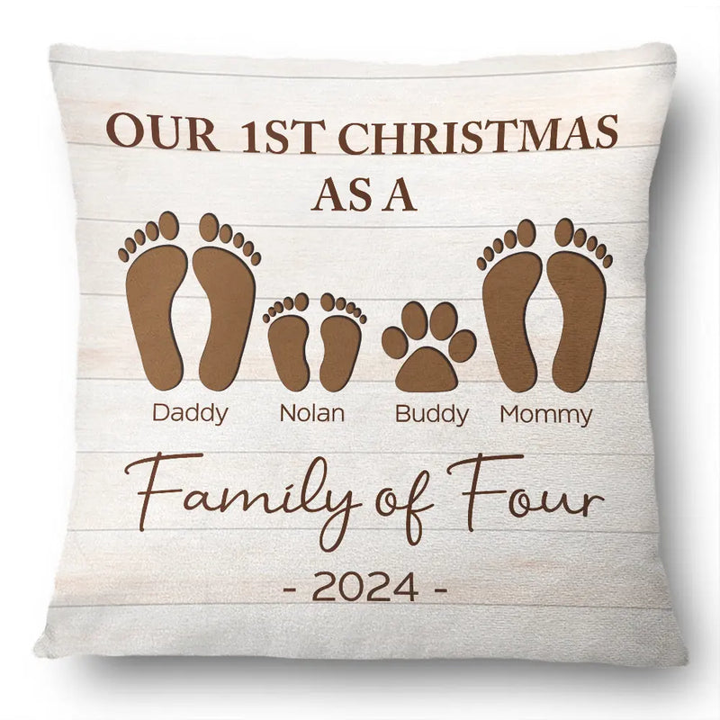 Family, Parents, Pet Lovers - First Christmas As A Family Of Four Footprints - Personalized Pillow