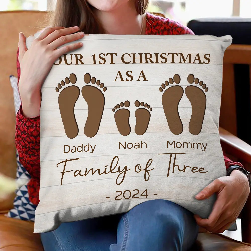 Family, Parents, Pet Lovers - First Christmas As A Family Of Four Footprints - Personalized Pillow