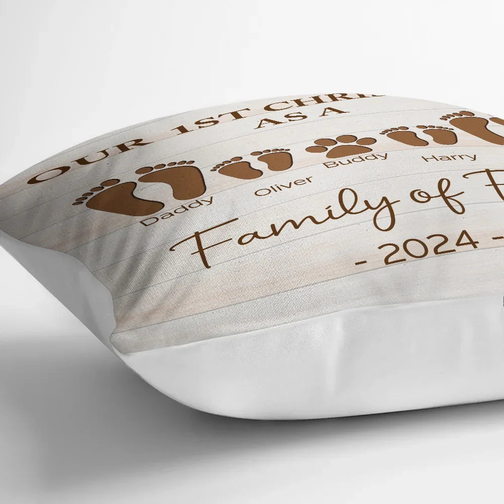 Family, Parents, Pet Lovers - First Christmas As A Family Of Four Footprints - Personalized Pillow