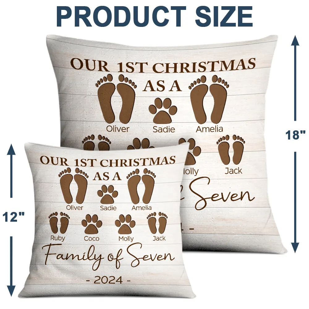 Family, Parents, Pet Lovers - First Christmas As A Family Of Four Footprints - Personalized Pillow