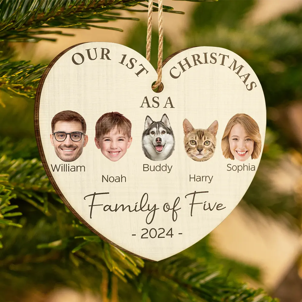 Family - Custom Photo First Christmas As A Family Of Four - Personalized Custom Shaped Wooden Ornament