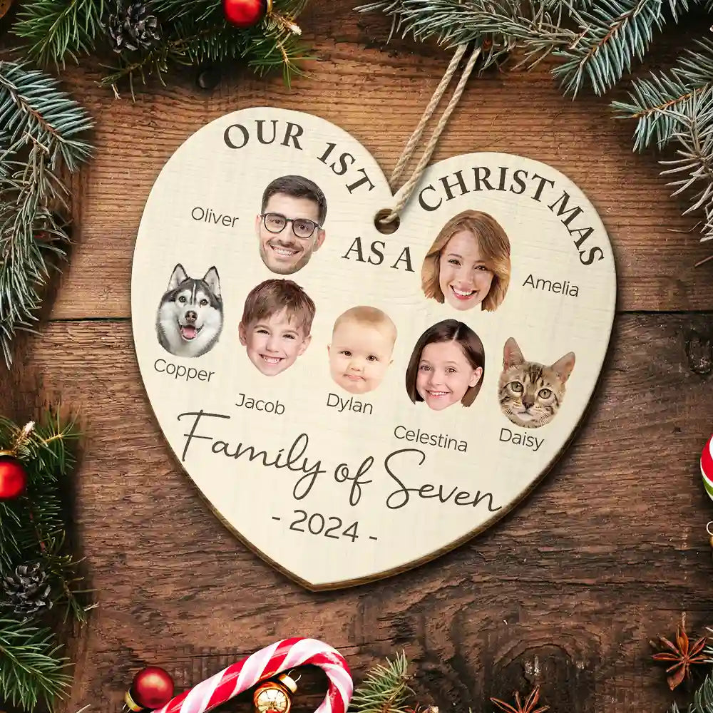 Family - Custom Photo First Christmas As A Family Of Four - Personalized Custom Shaped Wooden Ornament
