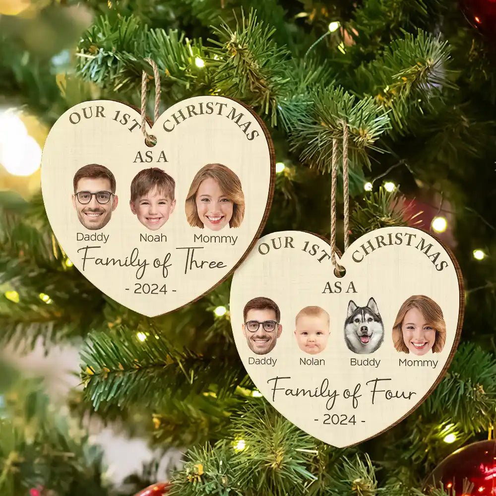 Family - Custom Photo First Christmas As A Family Of Four - Personalized Custom Shaped Wooden Ornament